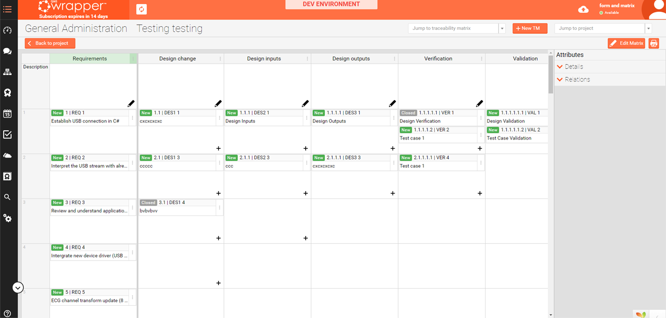 qmsWrapper screenshot: Traceability Matrix